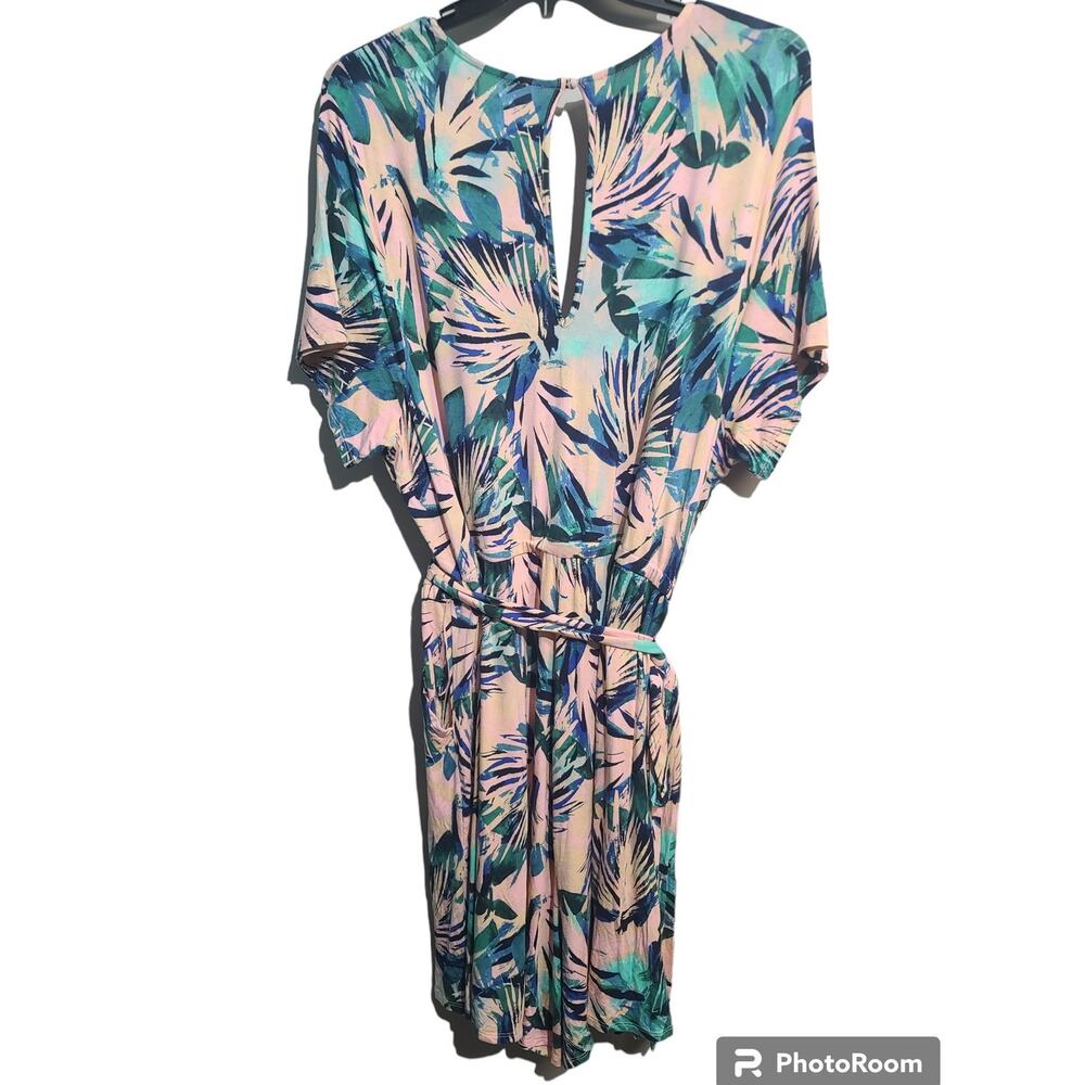 Torrid Super Soft Surplice Front Tie Romper Pink Palm Hawaiian - Picture 2 of 4